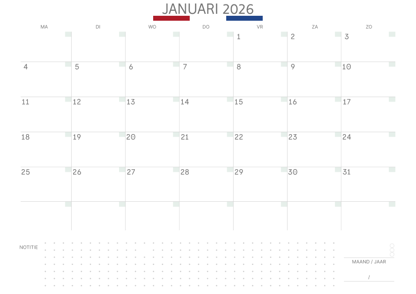 Kalender Januari 2027 Met Feestdagen Notities Salie
