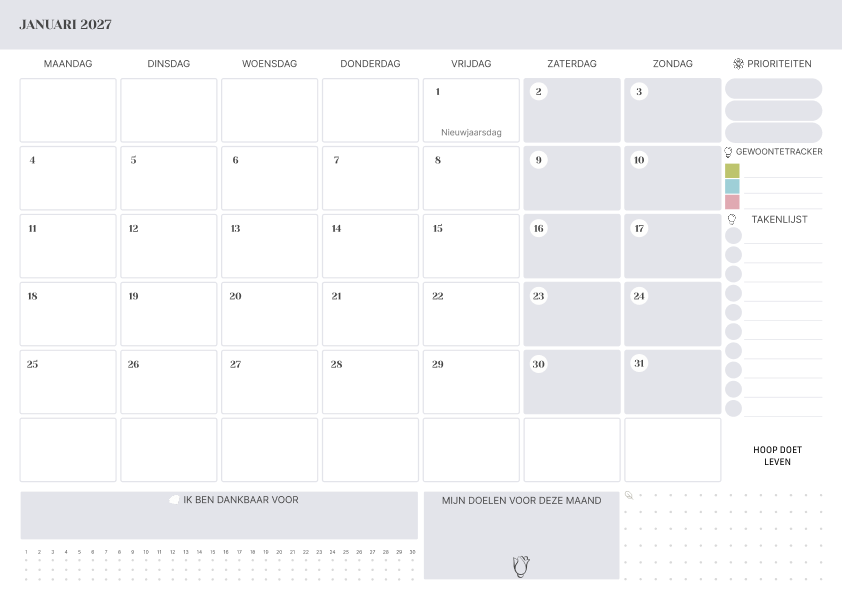 Kalender Januari 2027 Met Feestdagen To Do Lijst Lavendel
