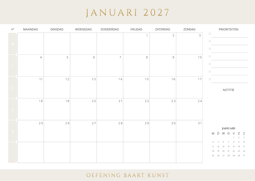 Kalender Januari 2027 Met Weeknummers Prioriteiten Latte