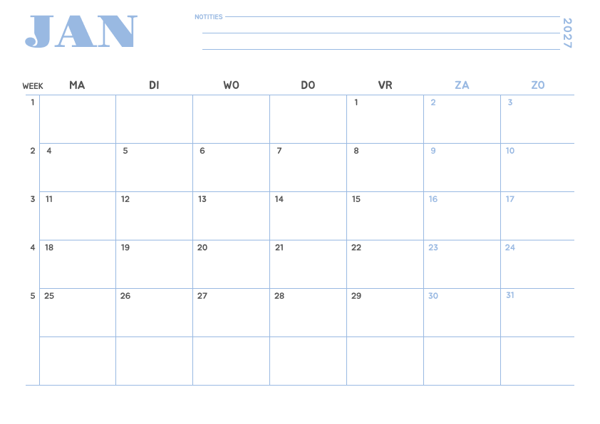 Kalender Januari 2027 Minimalistisch Hemelsblauw