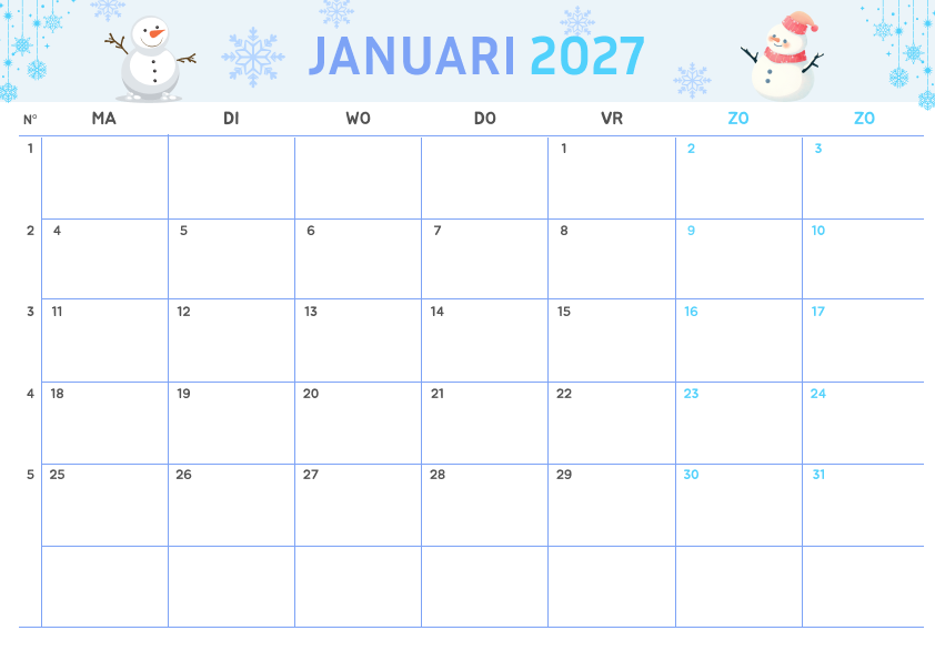 Winterontwerp Kalender Januari 2027 - Variant 1