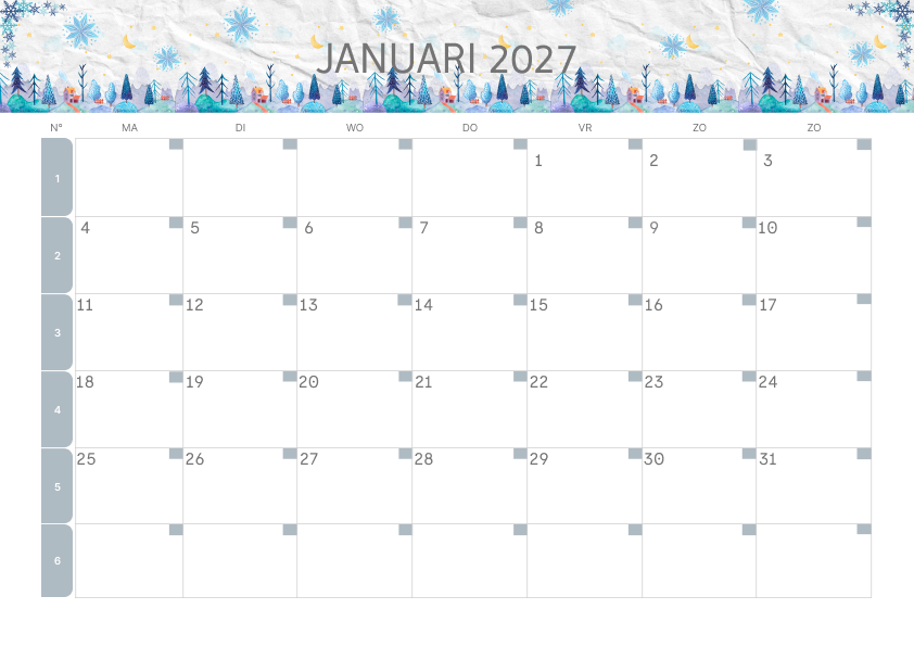 Winterontwerp Kalender Januari 2027 - Variant 3