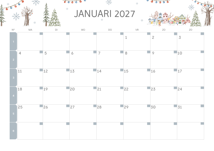 Winterontwerp Kalender Januari 2027 - Variant 4