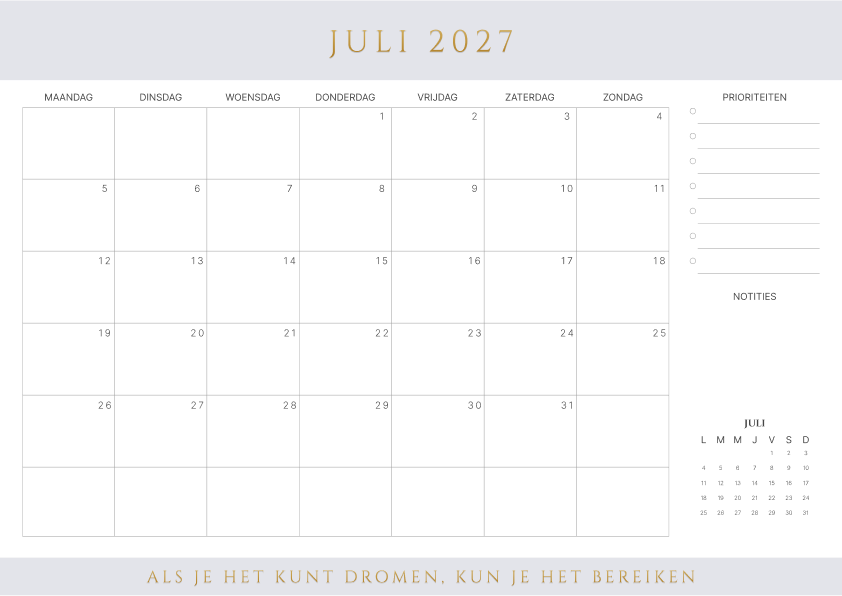 Kalender juli 2027 Bruin