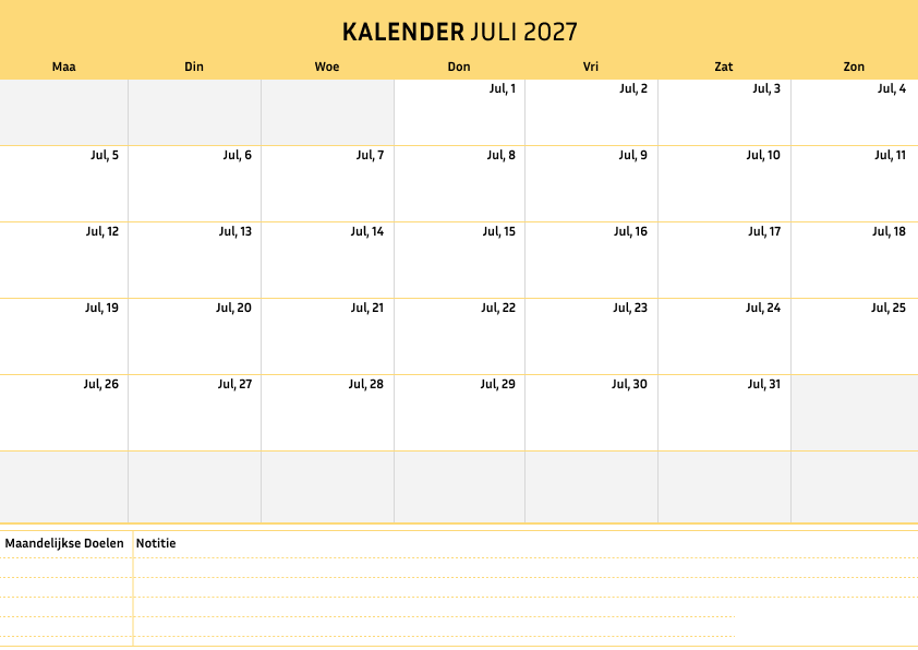 Kalender juli 2027 Cremekleur