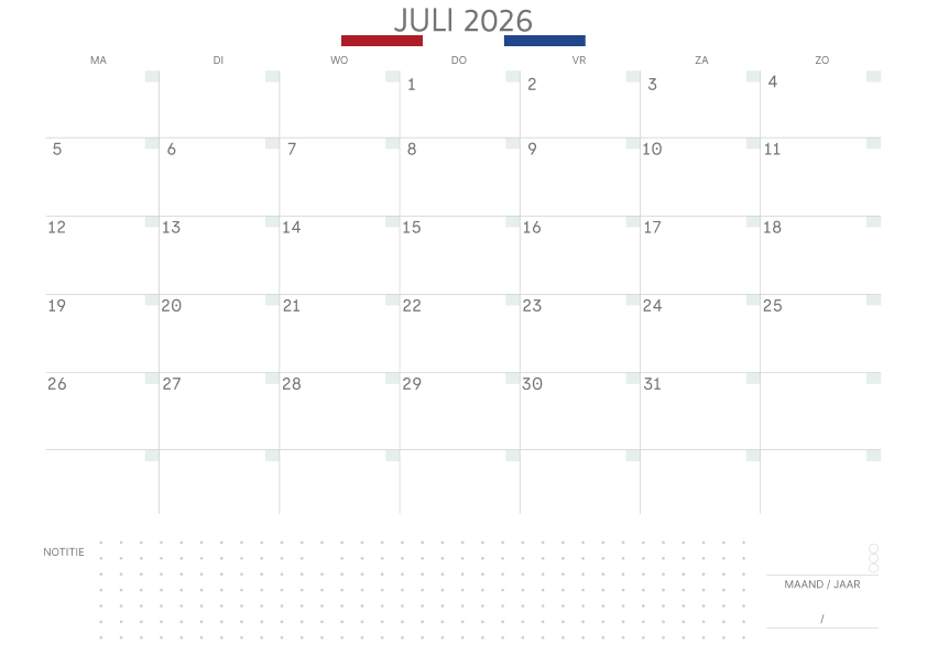 Kalender juli 2027 Met Feestdagen Notities Salie