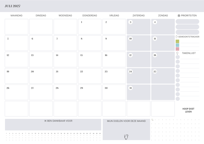 Kalender juli 2027 Met Feestdagen To Do Lijst Lavendel