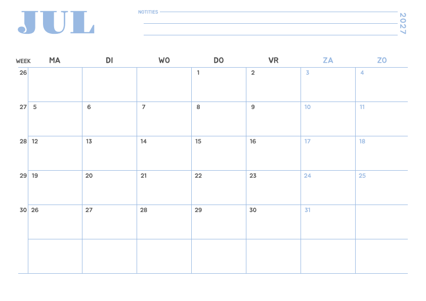 Kalender juli 2027 Minimalistisch Hemelsblauw