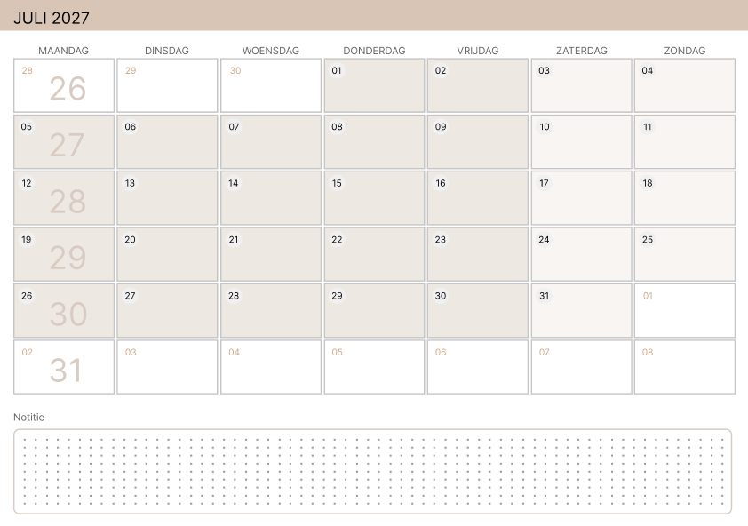 Kalender juli 2027 Zachtgeel