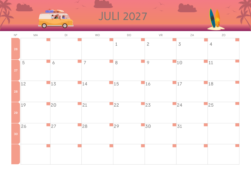 Calendario Mensile 2027 Agosto Colorato