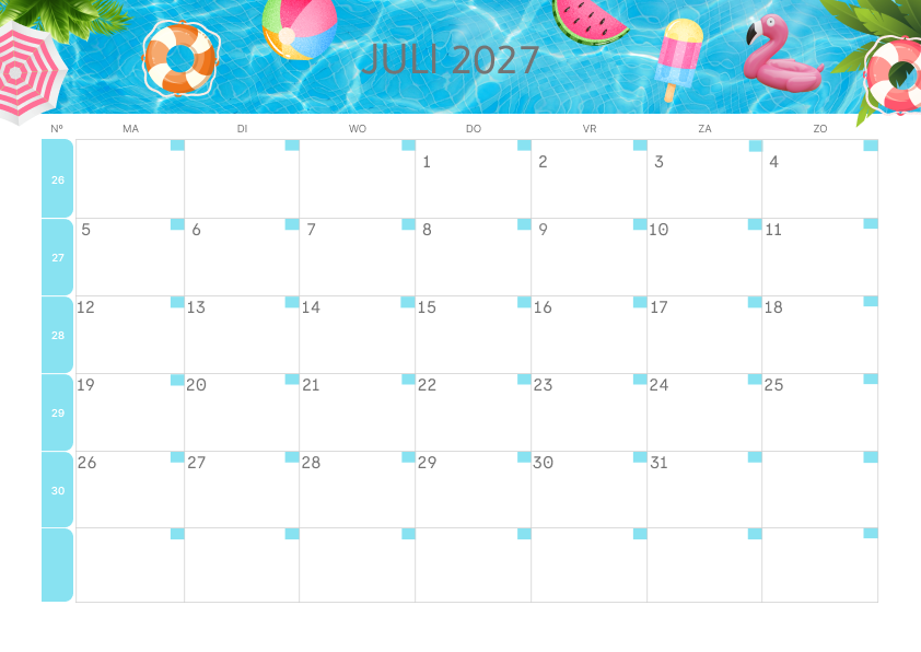 Calendario Mensile 2027 Agosto Tropicale