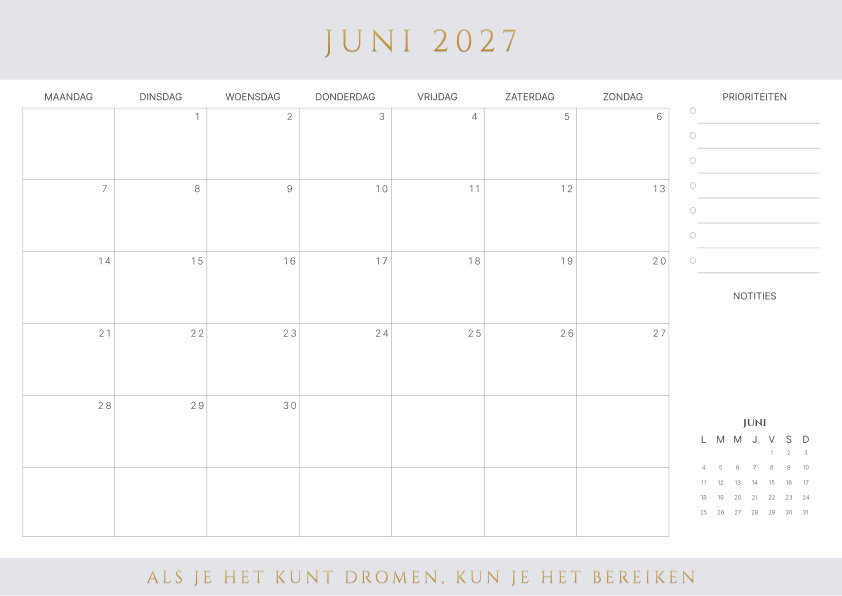 Kalender juni 2027 Bruin