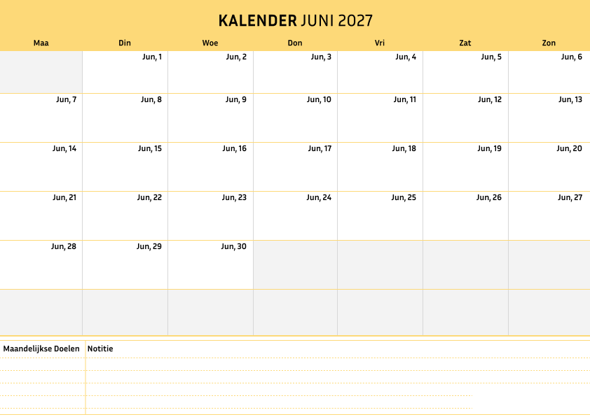 Kalender juni 2027 Cremekleur