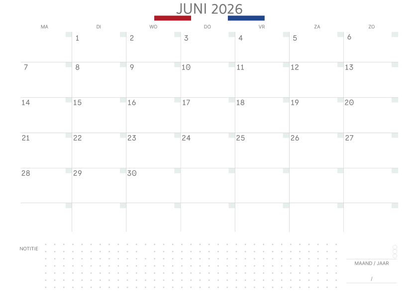 Kalender juni 2027 Met Feestdagen Notities Salie