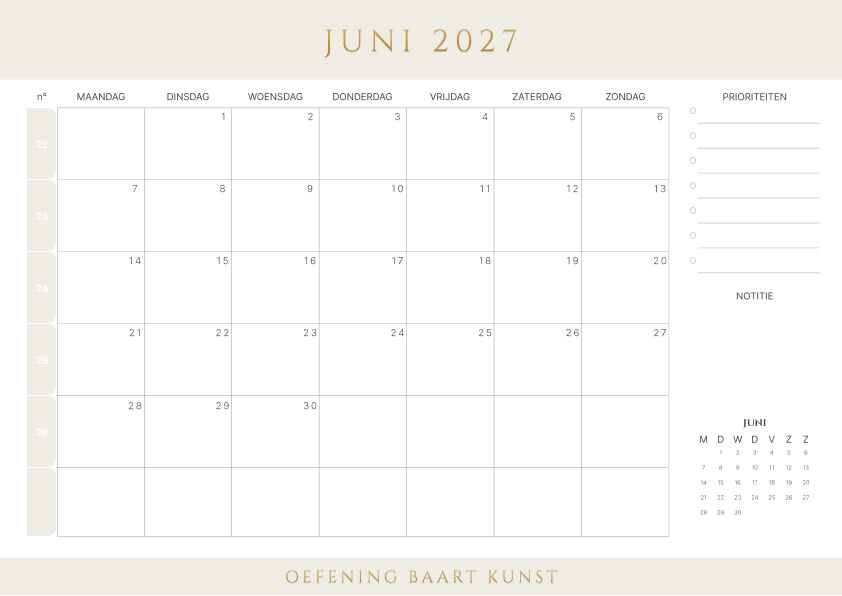 Kalender juni 2027 Met Weeknummers Prioriteiten Latte