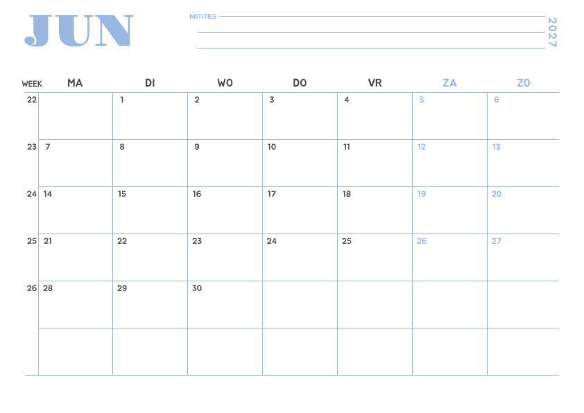 Kalender juni 2027 Minimalistisch Hemelsblauw