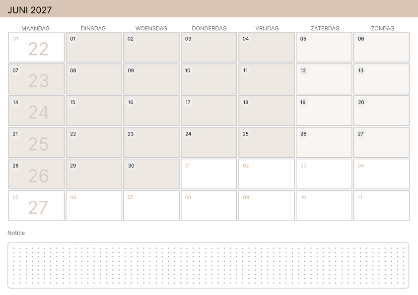 Kalender juni 2027 Zachtgeel