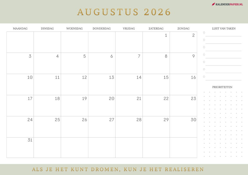 Kalender Augustus 2026