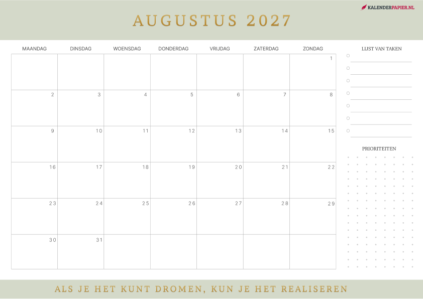 Kalender Augustus 2027