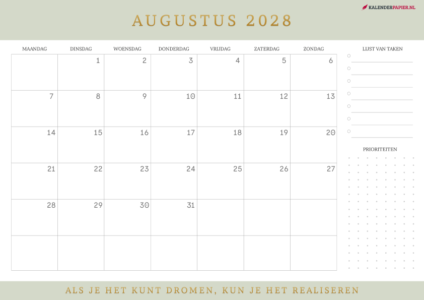 Kalender Augustus 2028