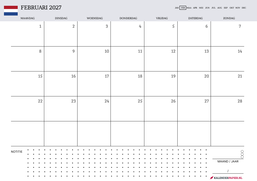 Kalender Februari 2027