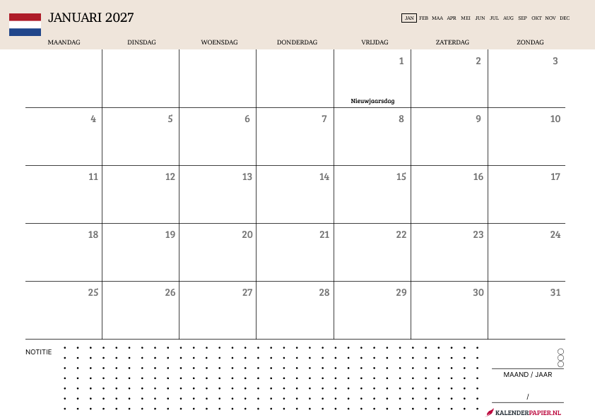 Kalender Januari 2027