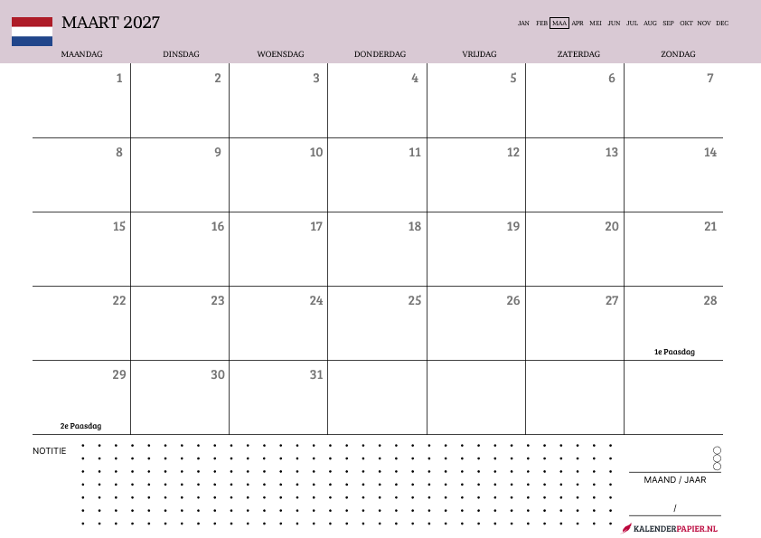 Kalender Maart 2027