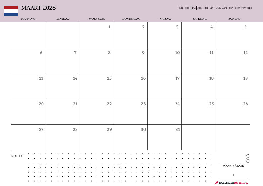 Kalender Maart 2028
