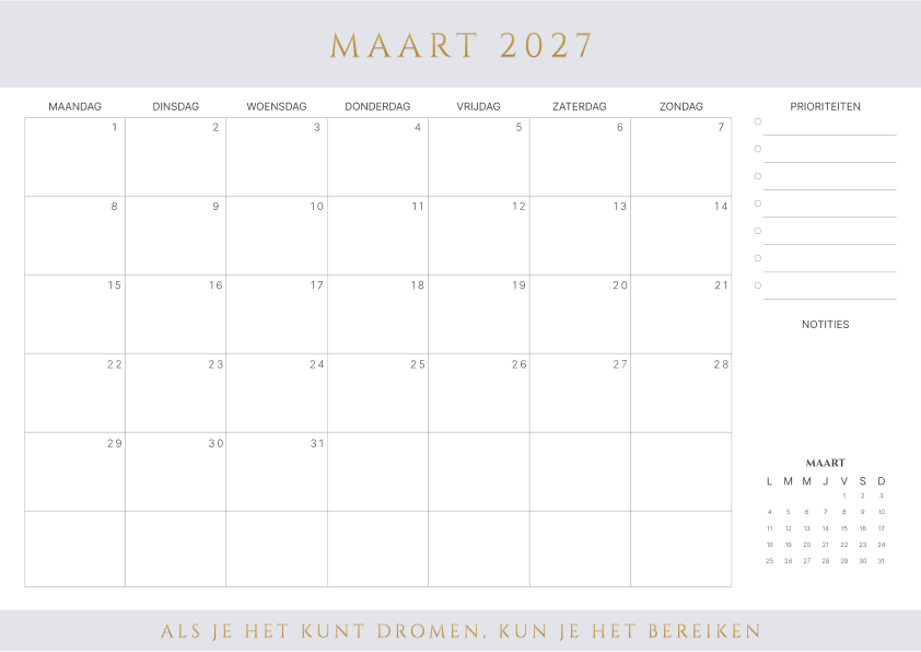 Kalender maart 2027 Bruin