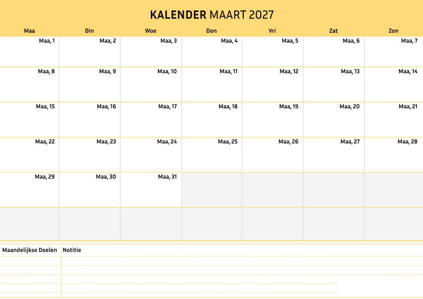 Kalender maart 2027 Cremekleur
