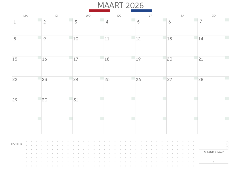 Kalender maart 2027 Met Feestdagen Notities Salie