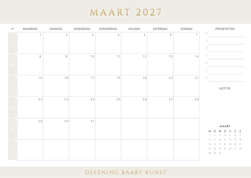 Kalender maart 2027 Met Weeknummers Prioriteiten Latte