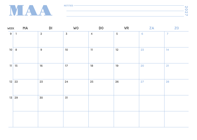Kalender maart 2027 Minimalistisch Hemelsblauw