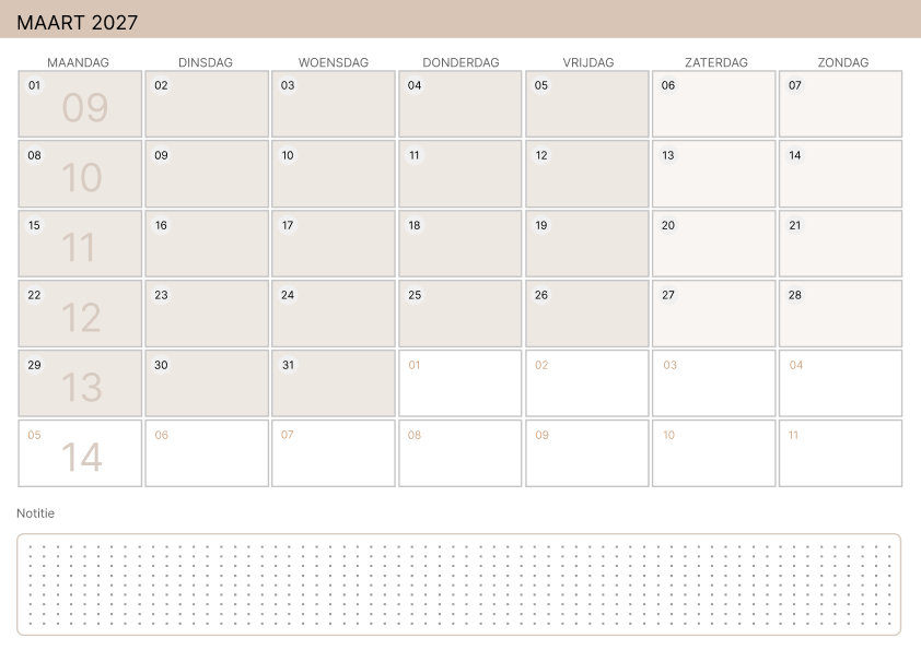 Kalender maart 2027 Zachtgeel