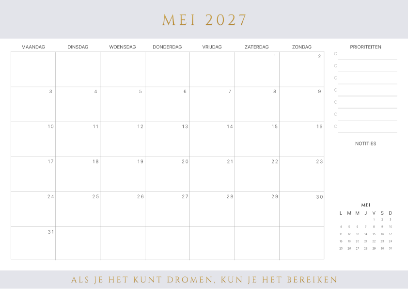 Kalender mei 2027 Bruin