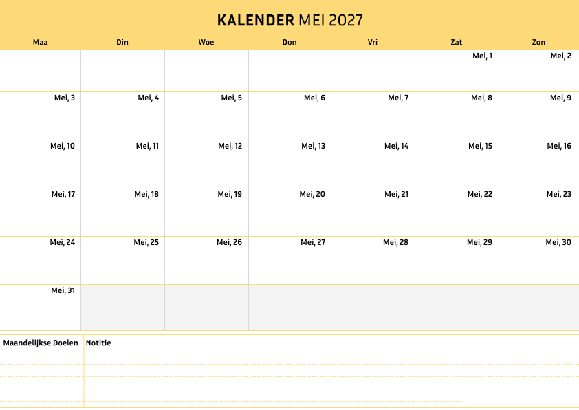 Kalender mei 2027 Cremekleur