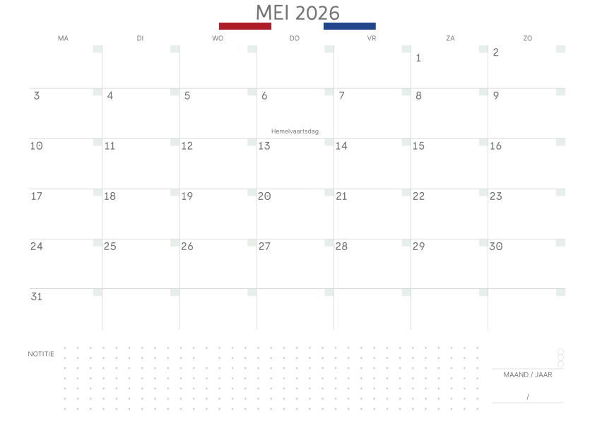 Kalender mei 2027 Met Feestdagen Notities Salie