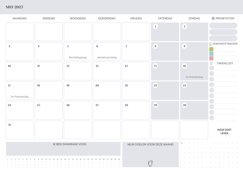 Kalender mei 2027 Met Feestdagen To Do Lijst Lavendel