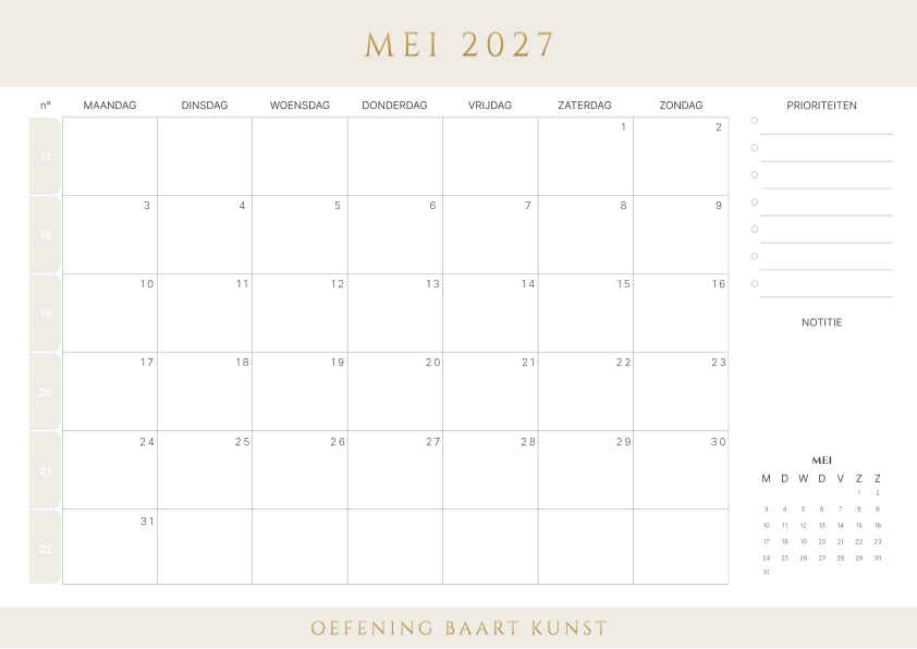 Kalender mei 2027 Met Weeknummers Prioriteiten Latte