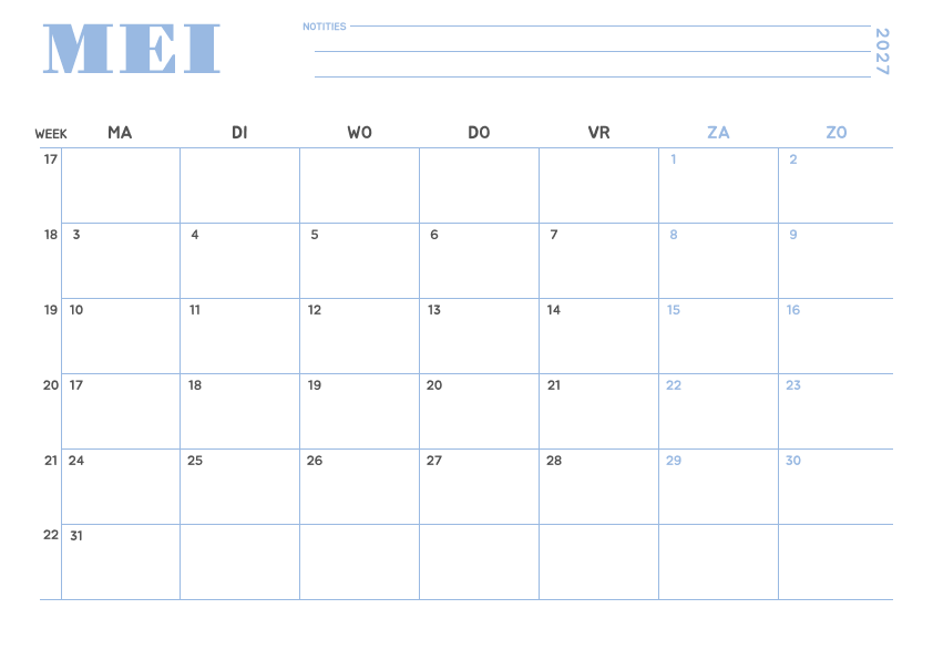 Kalender mei 2027 Minimalistisch Hemelsblauw