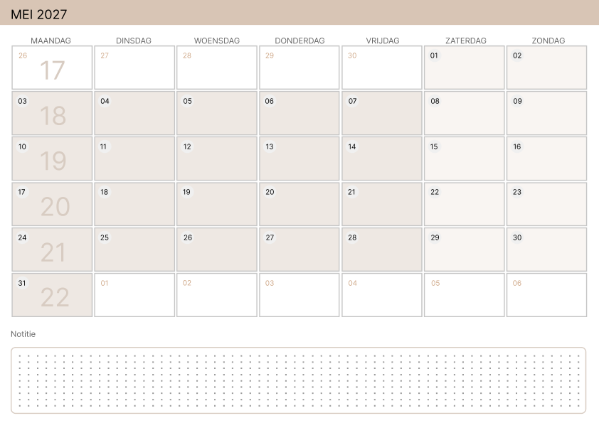 Kalender mei 2027 Zachtgeel