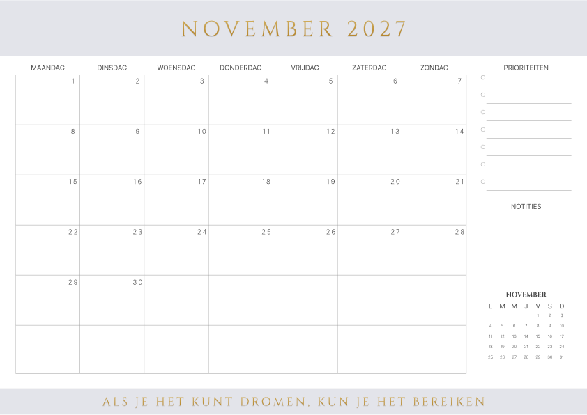 Kalender november 2027 Bruin