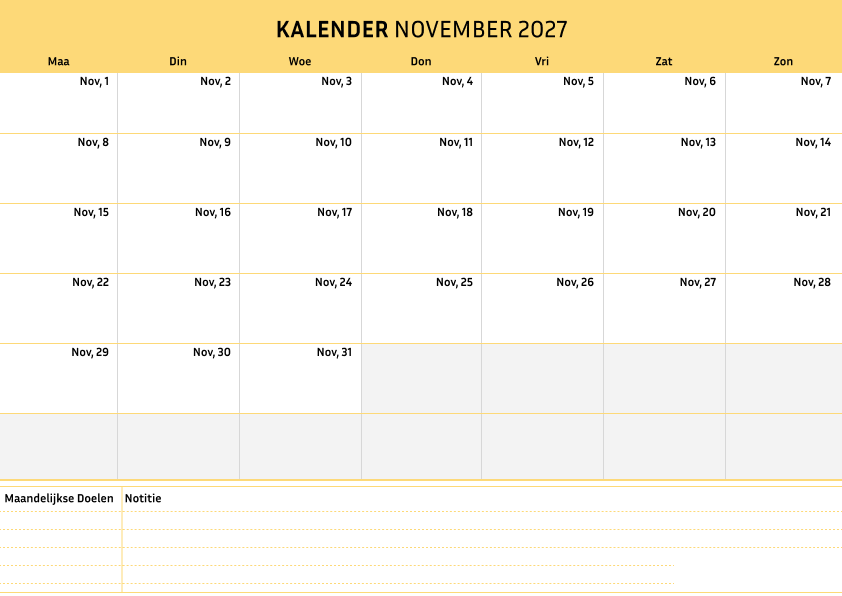 Kalender november 2027 Cremekleur