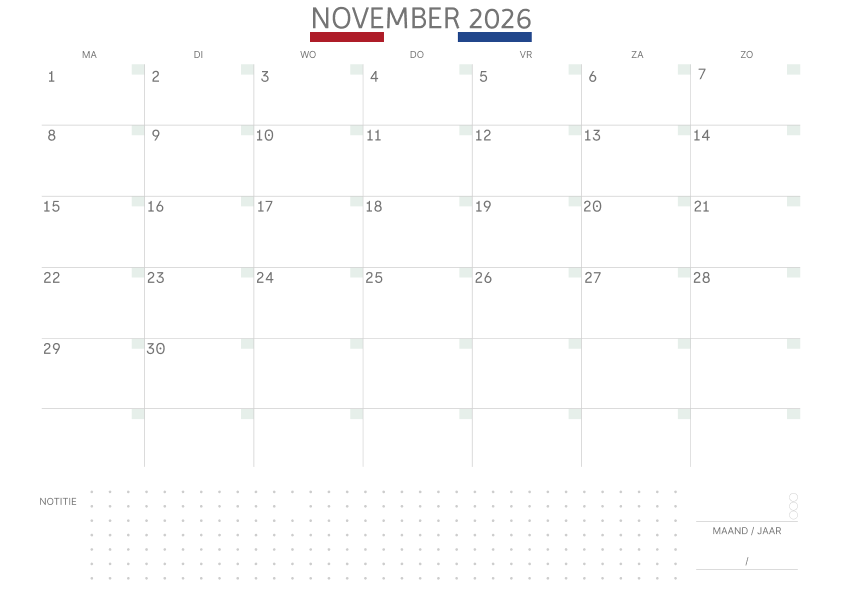 Kalender november 2027 Met Feestdagen Notities Salie