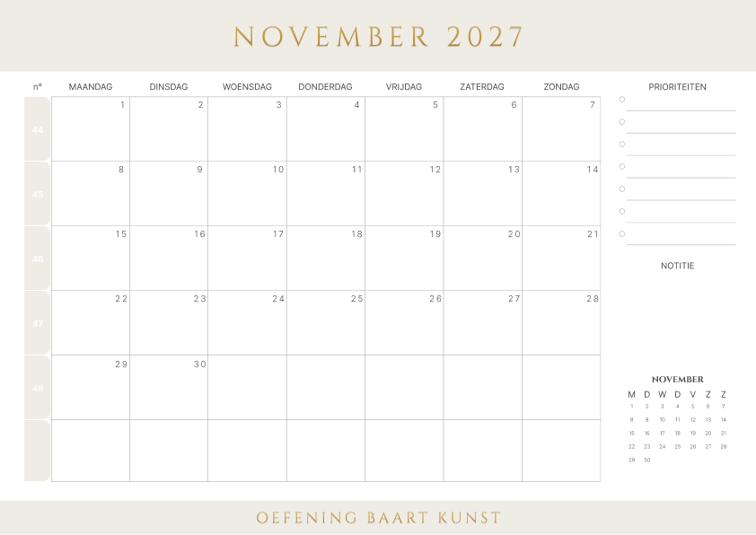 Kalender november 2027 Met Weeknummers Prioriteiten Latte