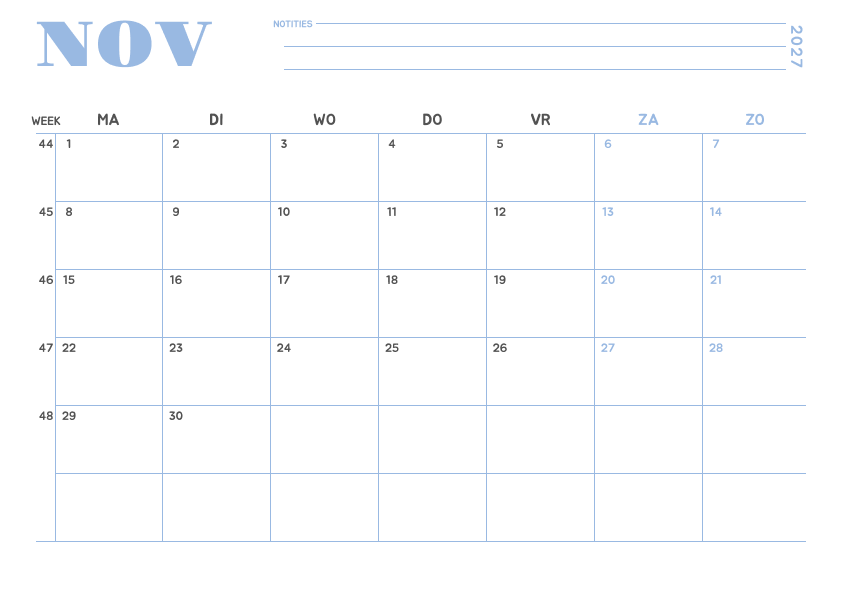 Kalender november 2027 Minimalistisch Hemelsblauw