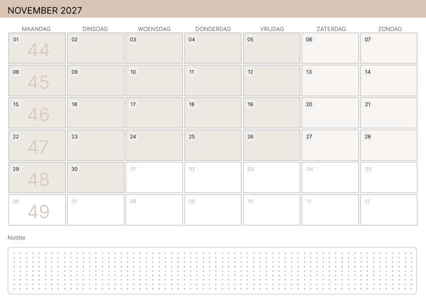 Kalender november 2027 Zachtgeel