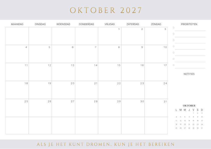 Kalender oktober 2027 Bruin