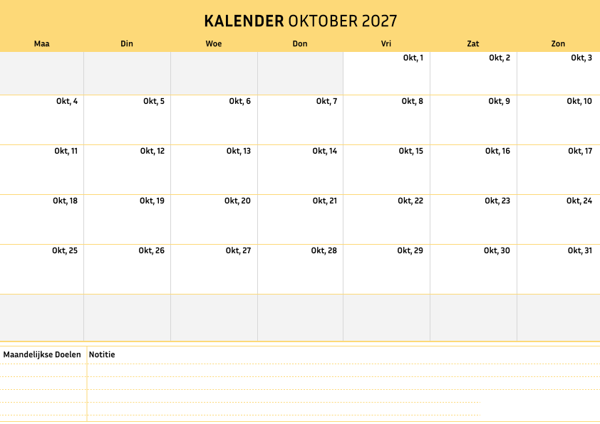 Kalender oktober 2027 Cremekleur