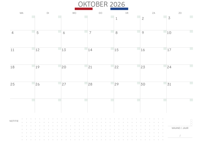 Kalender oktober 2027 Met Feestdagen Notities Salie